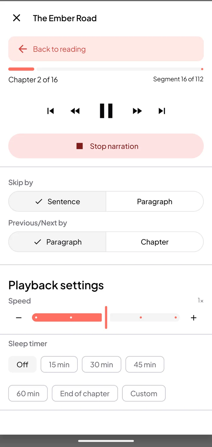 Read Aloud full player with transport controls, speed and sleep timer
