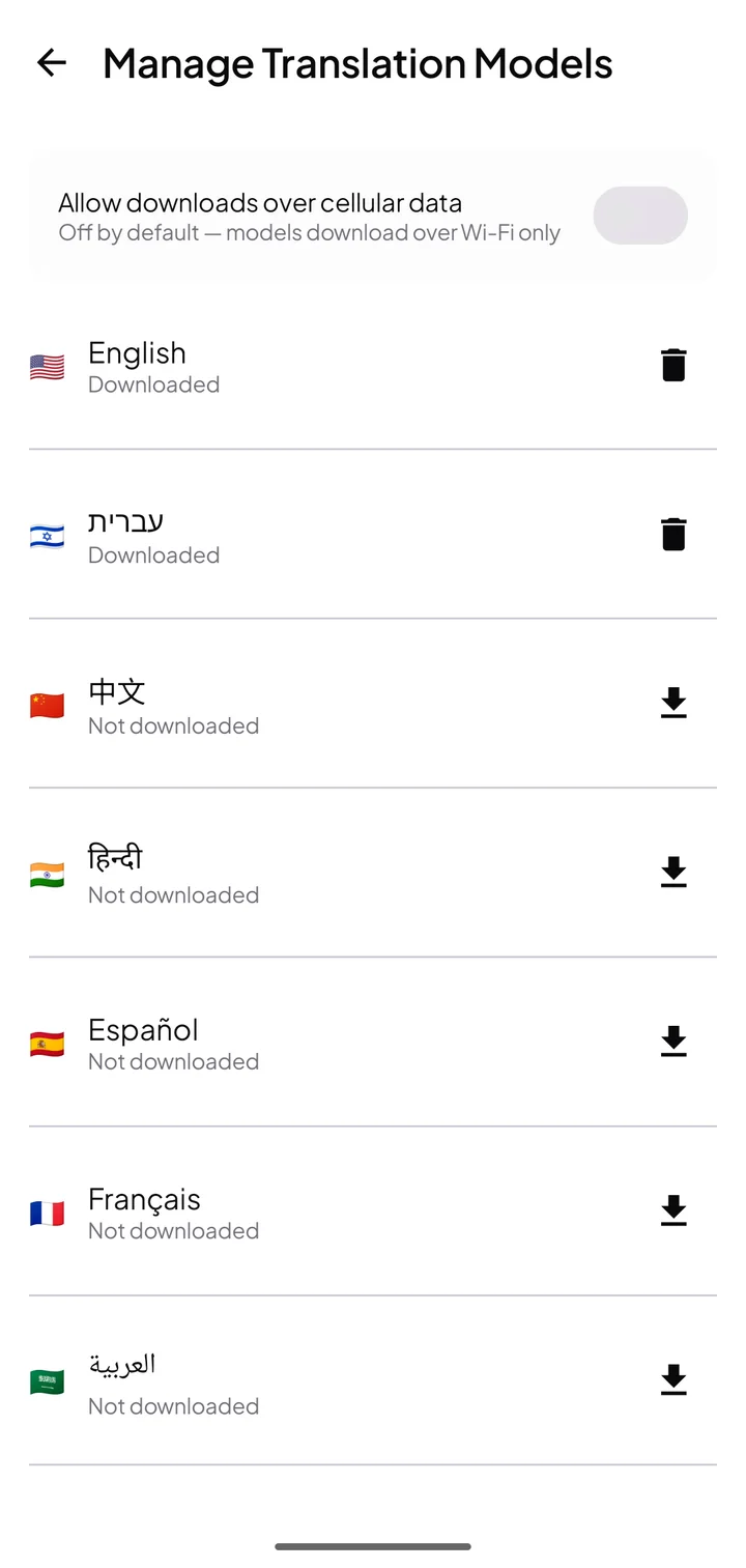 Manage Translation Models screen with English and Hebrew downloaded